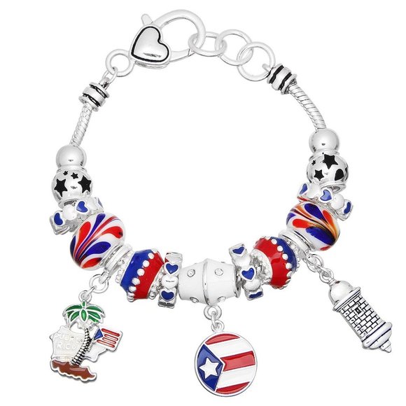 Puerto Rico Bracelet Charm Sliding Bead Lighthouse Flag Palm Tree SILVER Heart - Picture 1 of 1